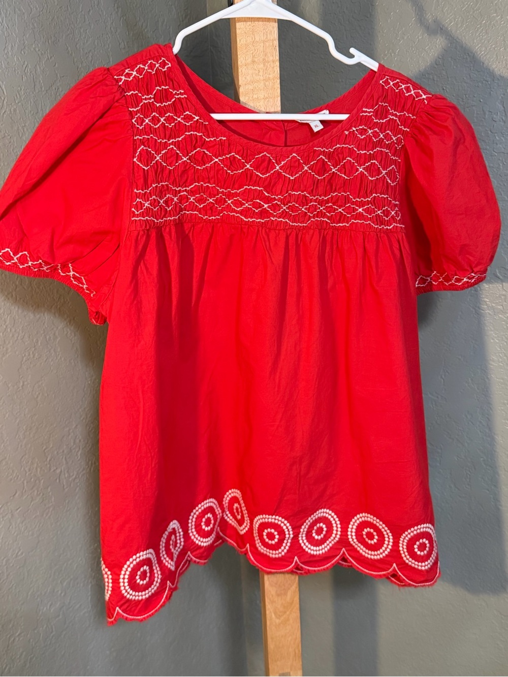 Frances Valentine Red Embroidered Puff Sleeve Blouse